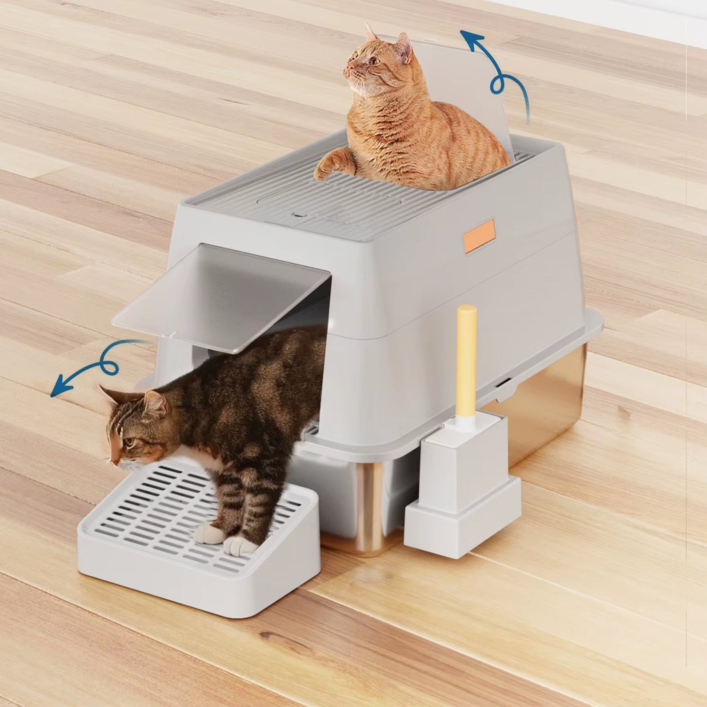 Stainless Steel Cat Litter Box with Lid,Front Entry Top Exit Kitty Litter Box, Litter Box with Litter Scoop Litter Mat-Black