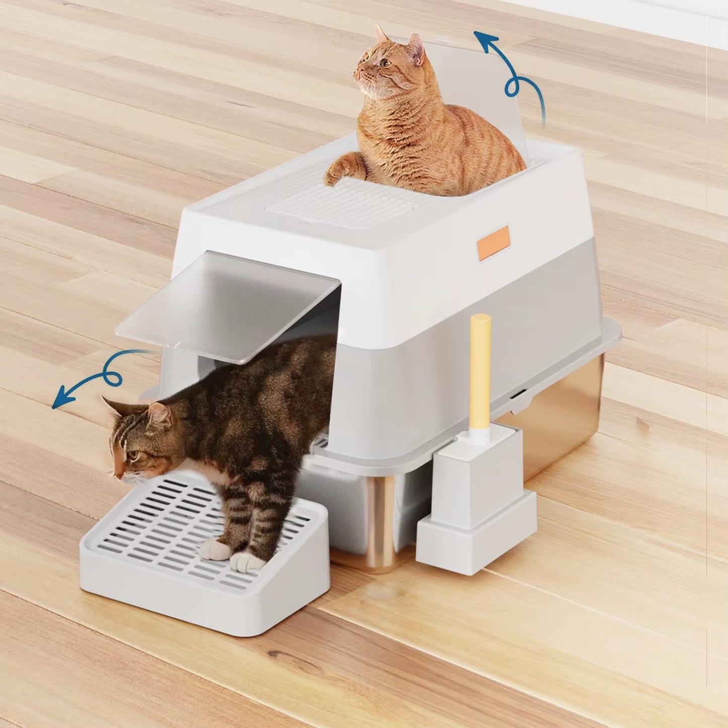 Stainless Steel Cat Litter Box with Lid,Front Entry Top Exit Kitty Litter Box, Litter Box with Litter Scoop Litter Mat-Black