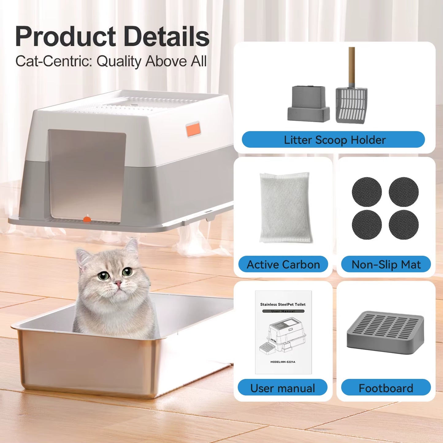 Stainless Steel Cat Litter Box with Lid,Front Entry Top Exit Kitty Litter Box, Litter Box with Litter Scoop Litter Mat-Black