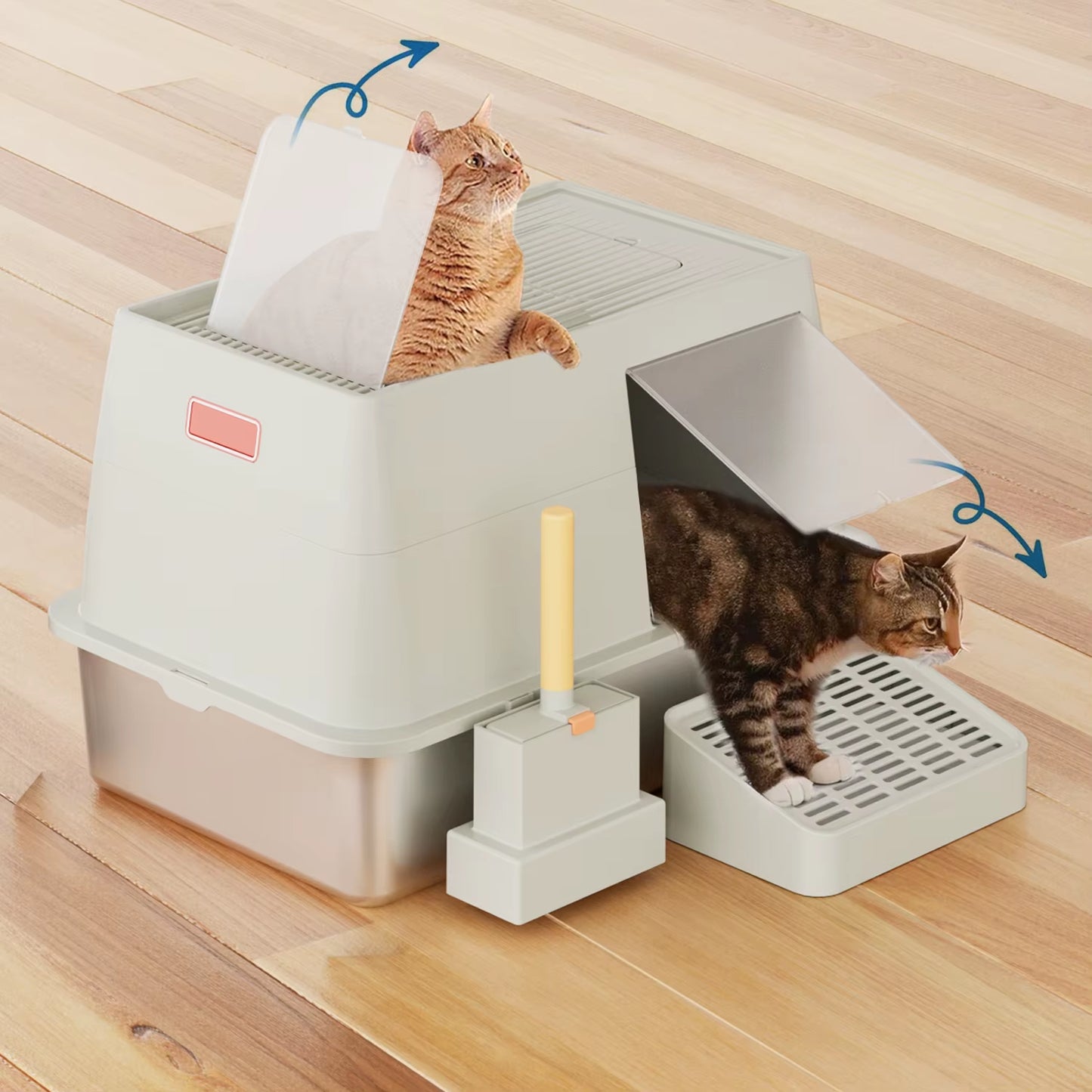 Stainless Steel Cat Litter Box with Lid,Front Entry Top Exit Kitty Litter Box, Litter Box with Litter Scoop Litter Mat-Black