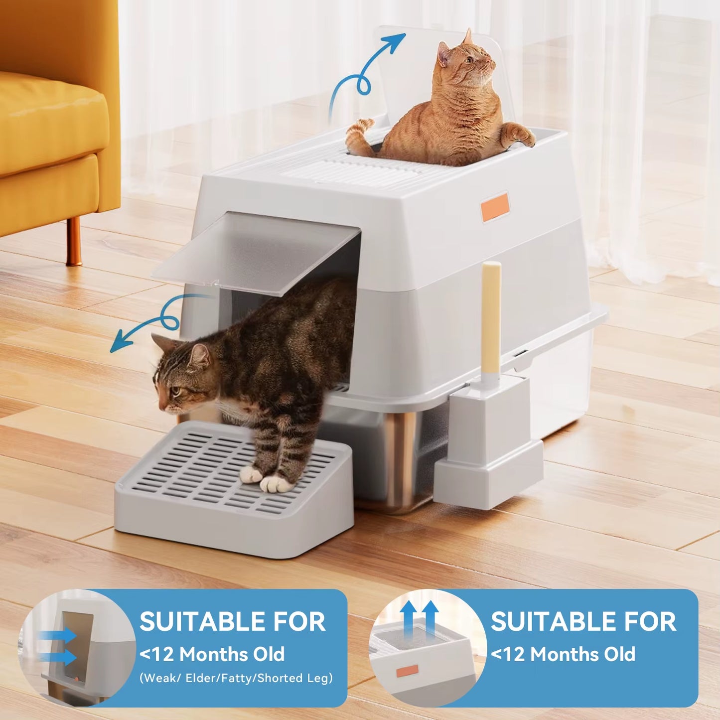 Stainless Steel Cat Litter Box with Lid,Front Entry Top Exit Kitty Litter Box, Litter Box with Litter Scoop Litter Mat-Black