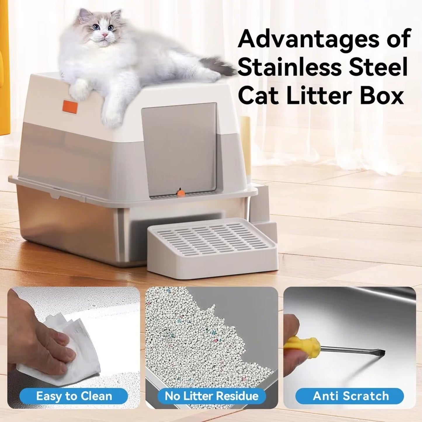 Stainless Steel Cat Litter Box with Lid,Front Entry Top Exit Kitty Litter Box, Litter Box with Litter Scoop Litter Mat-Black