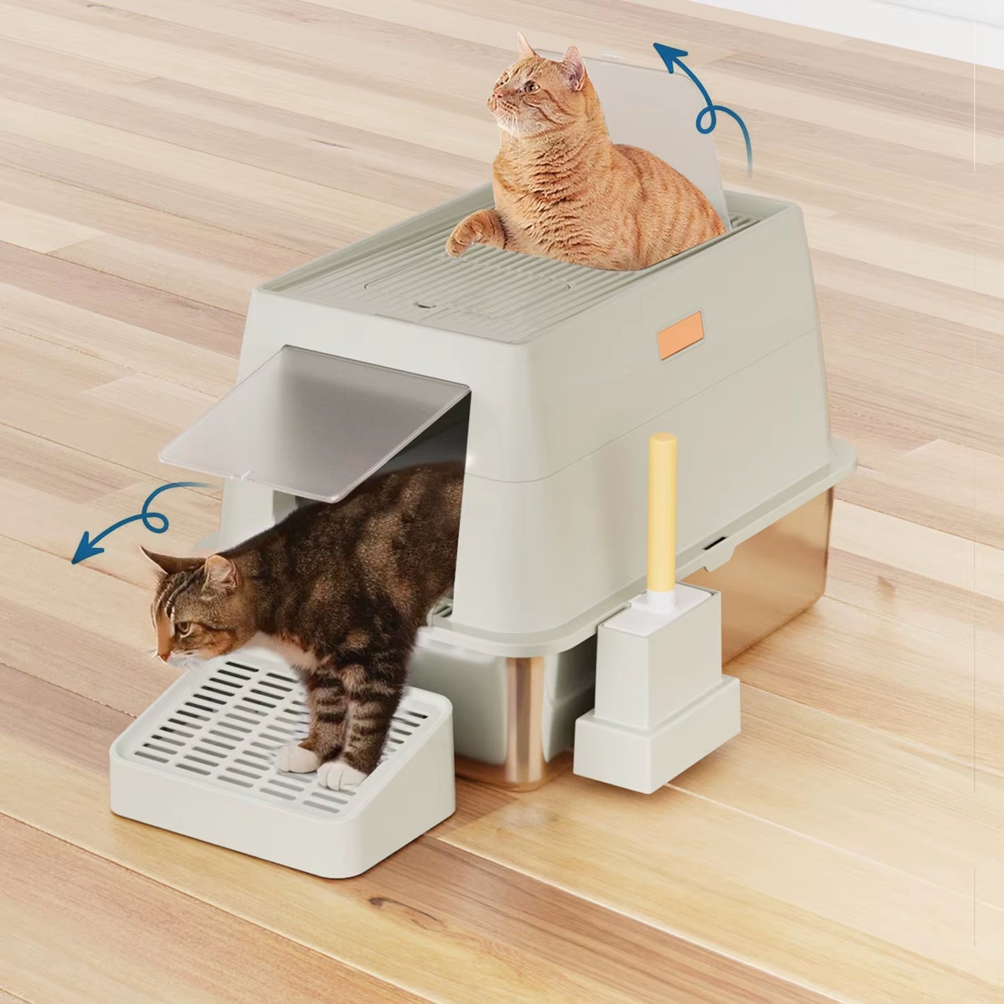 Stainless Steel Cat Litter Box with Lid,Front Entry Top Exit Kitty Litter Box, Litter Box with Litter Scoop Litter Mat-Black