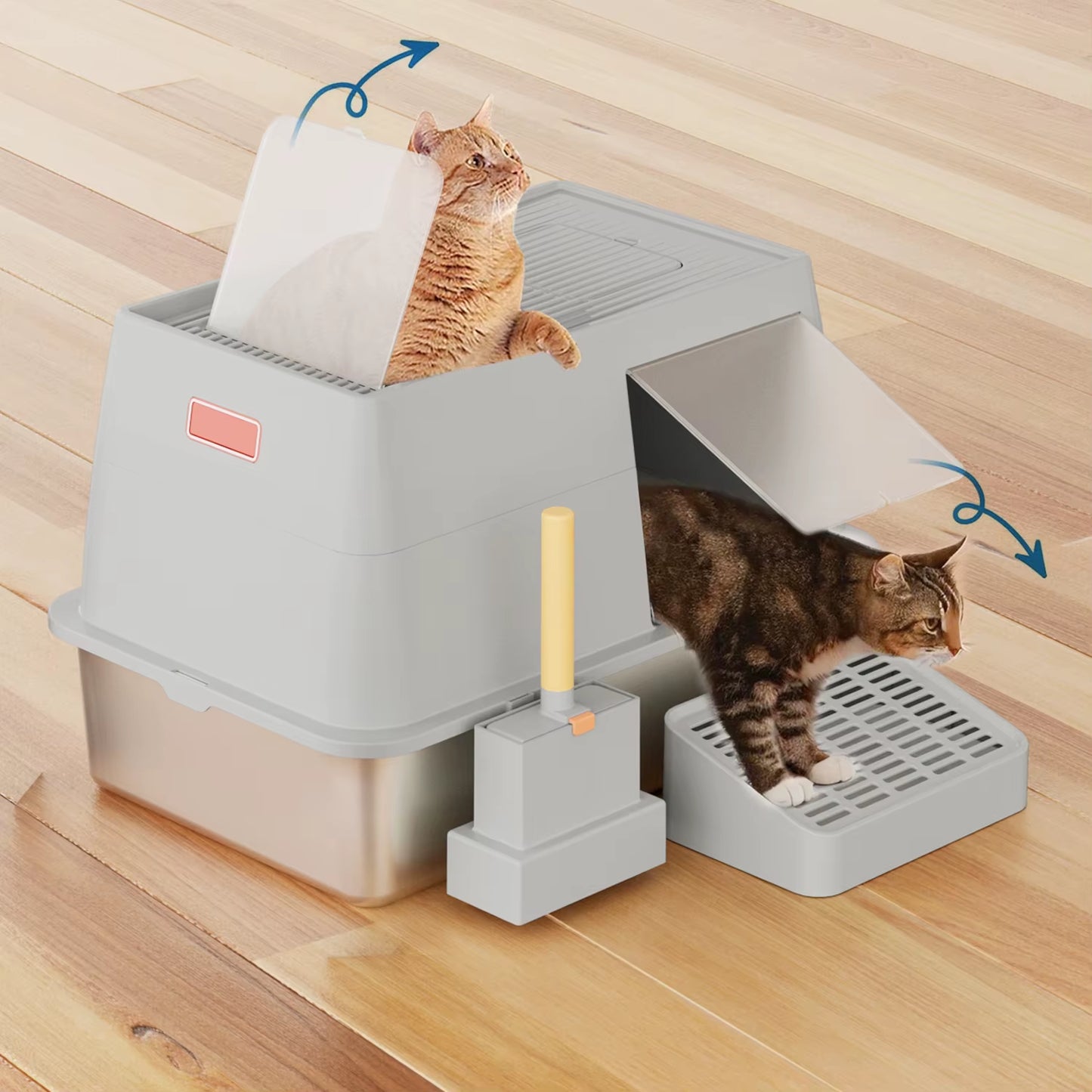 Stainless Steel Cat Litter Box with Lid,Front Entry Top Exit Kitty Litter Box, Litter Box with Litter Scoop Litter Mat-Black