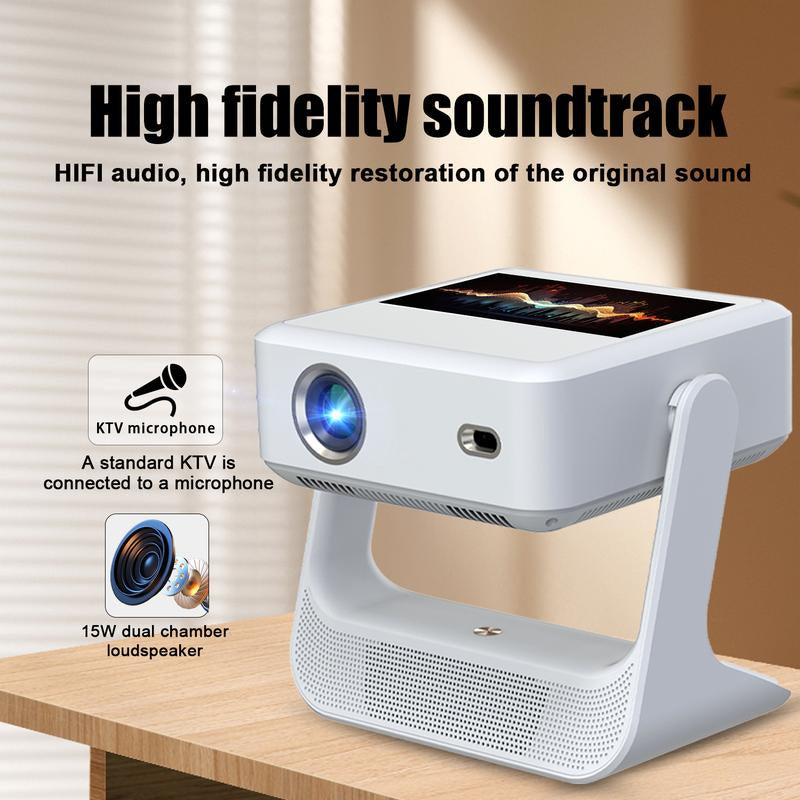 Projector 4K Ultra Hd, Support Native 1080P, Auto Focus and Obstacle Avoidance,8 Inch Touch Tablet, HD, Smart Projector, Android 12, Gimbal Base Speaker, Wifi 6, 180° Rotation, Suitable for Home Use, Home Projector, Gaming Projector, Movies and Gifts.