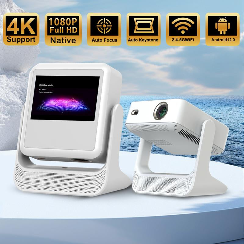 Projector 4K Ultra Hd, Support Native 1080P, Auto Focus and Obstacle Avoidance,8 Inch Touch Tablet, HD, Smart Projector, Android 12, Gimbal Base Speaker, Wifi 6, 180° Rotation, Suitable for Home Use, Home Projector, Gaming Projector, Movies and Gifts.