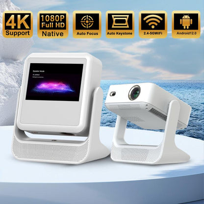 Projector 4K Ultra Hd, Support Native 1080P, Auto Focus and Obstacle Avoidance,8 Inch Touch Tablet, HD, Smart Projector, Android 12, Gimbal Base Speaker, Wifi 6, 180° Rotation, Suitable for Home Use, Home Projector, Gaming Projector, Movies and Gifts.